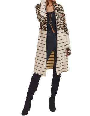 Stripe Block Cardigan In Leopard Print