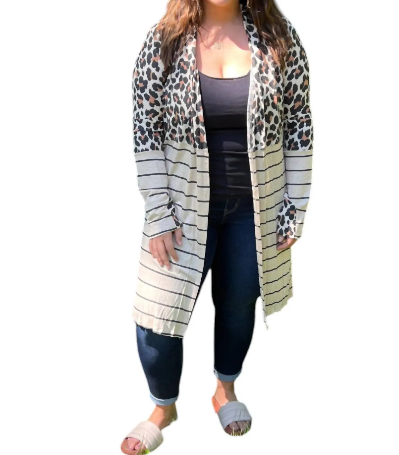 Stripe Block Cardigan In Leopard Print