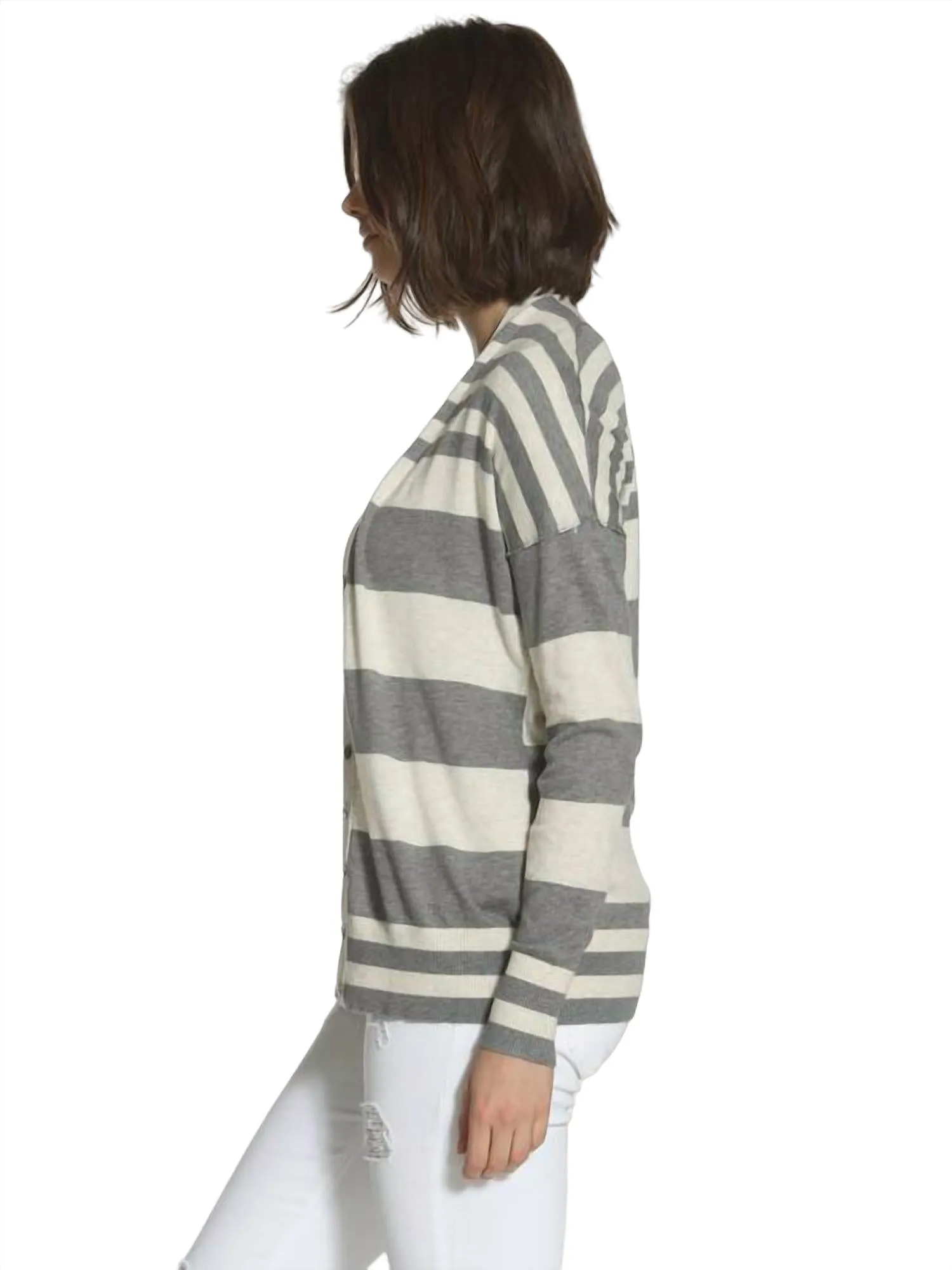 Striped Cotton Cardigan In Grey/ecru