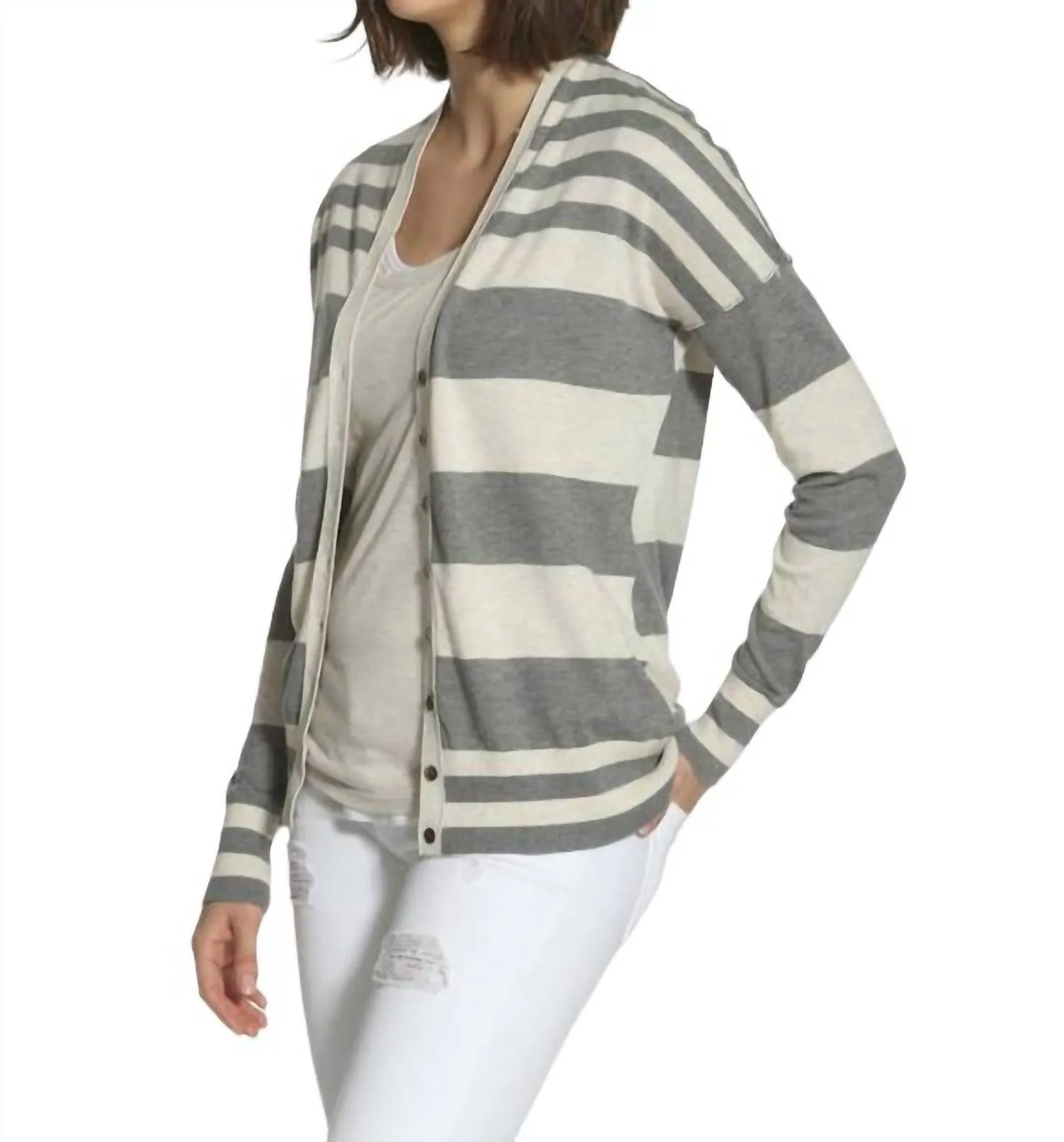 Striped Cotton Cardigan In Grey/ecru