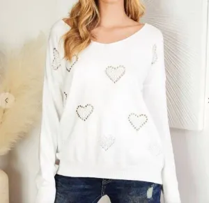 Studded Heart Long Sleeve V Neck Sweater In White