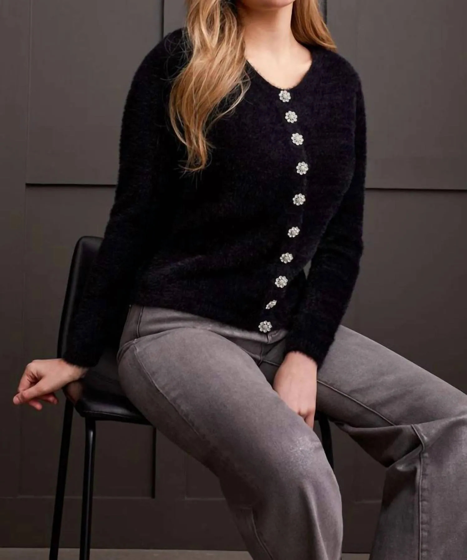 Sweater Cardigan With Sparkle Button Cardigan In Black