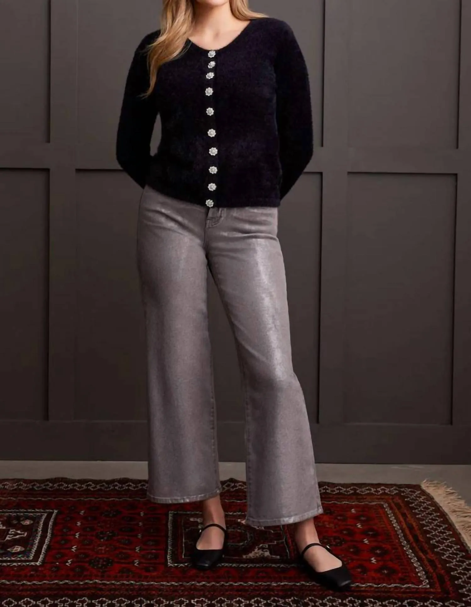 Sweater Cardigan With Sparkle Button Cardigan In Black