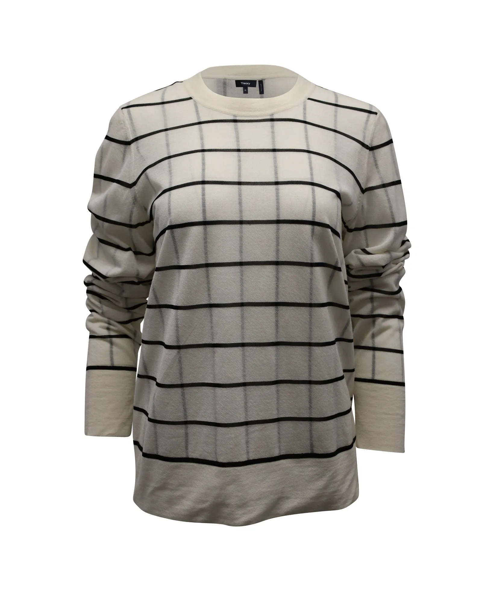 Theory Grid Print Sweater in Eggshell White Wool Blend