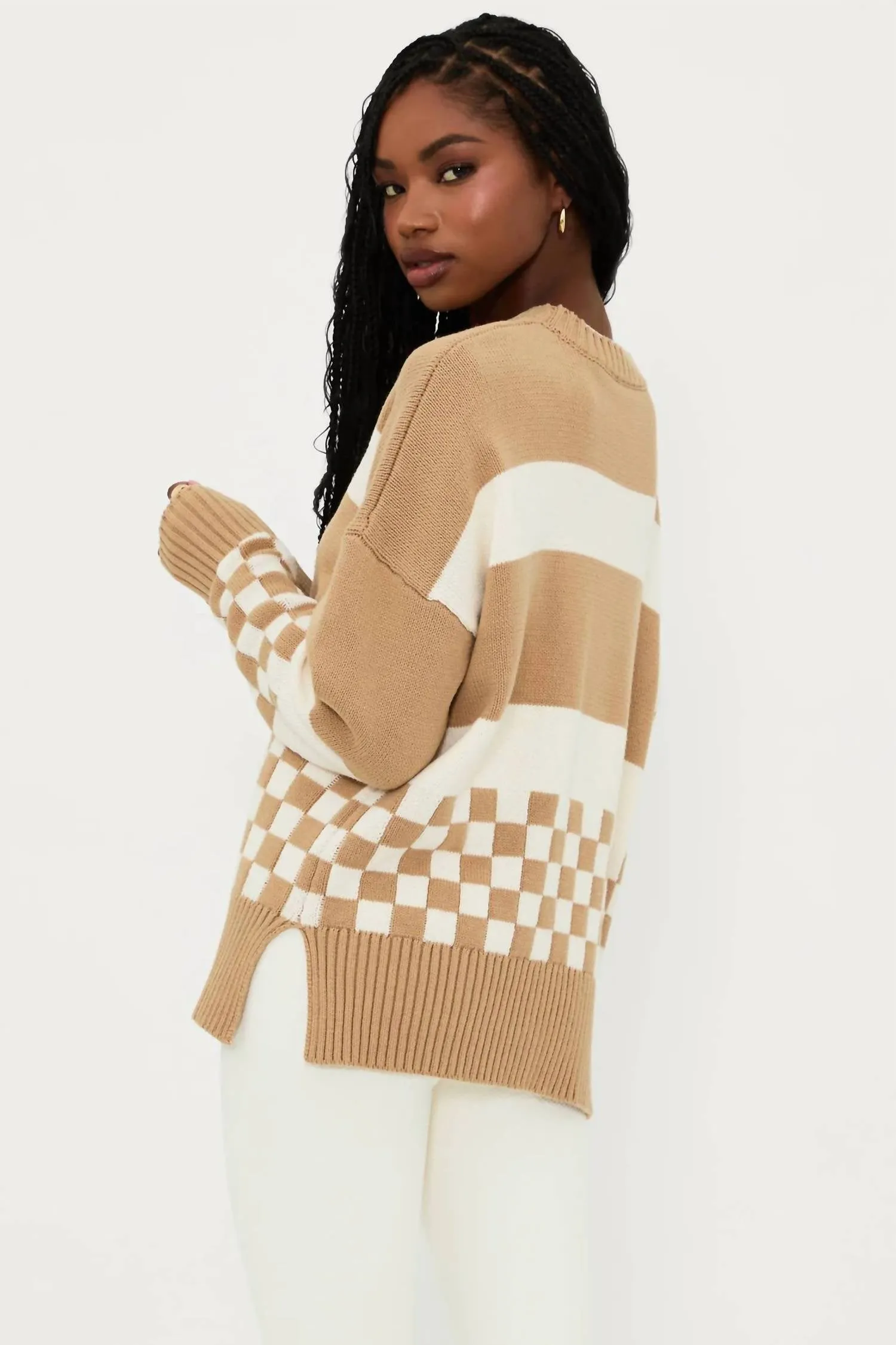 Thre Callie Sweater In Taupe Check