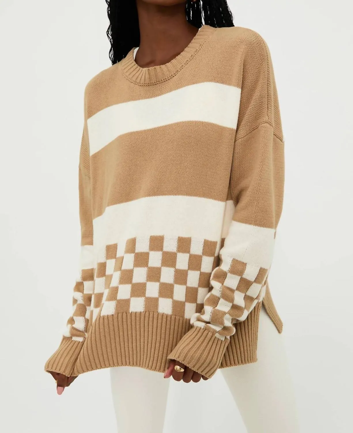 Thre Callie Sweater In Taupe Check