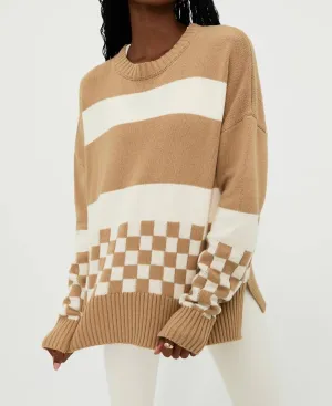 Thre Callie Sweater In Taupe Check