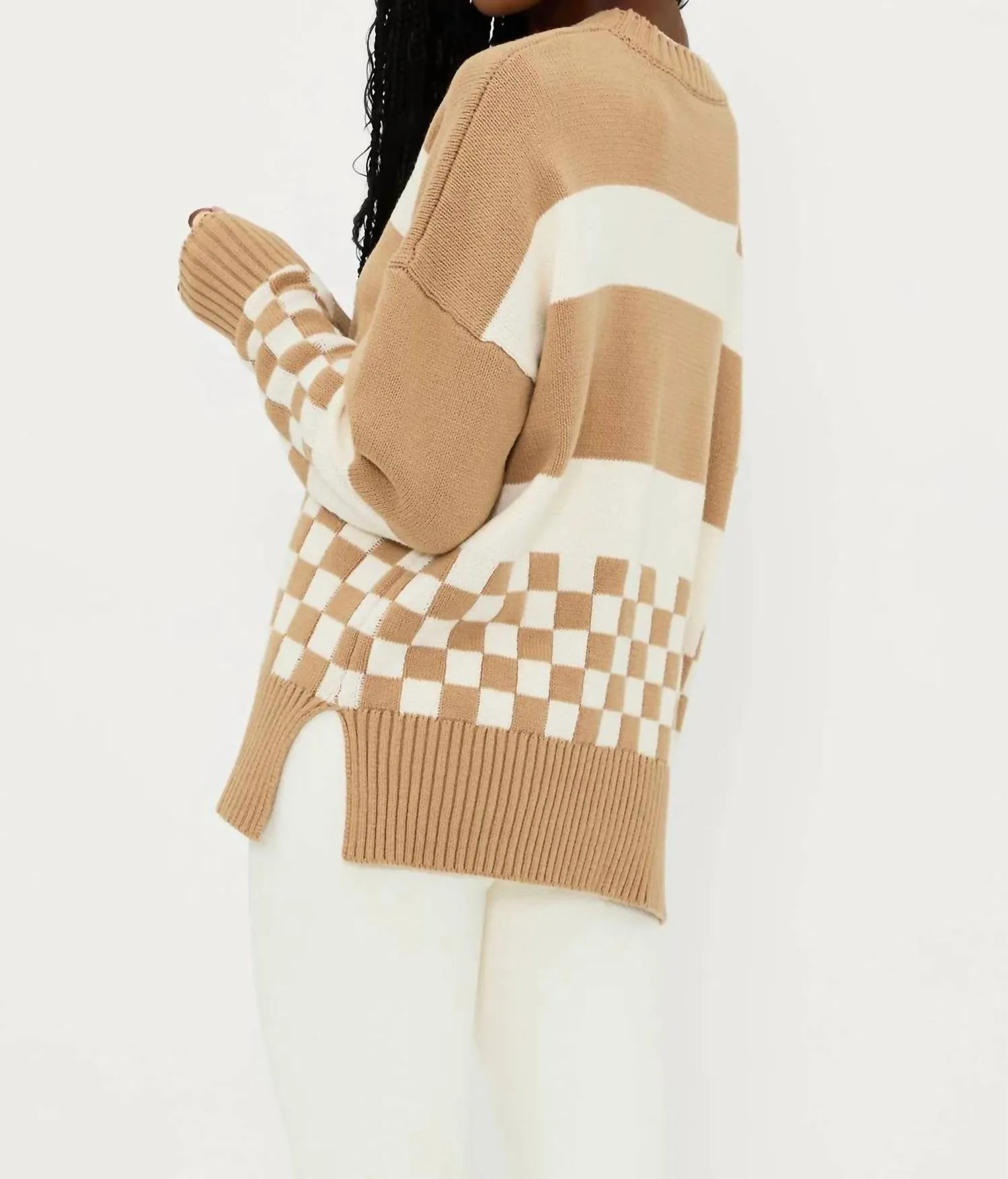 Thre Callie Sweater In Taupe Check