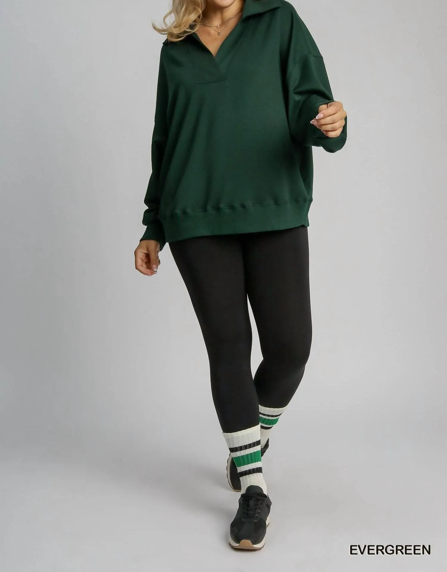 V-Neck Long Sleeve Polo Sweatshirt Plus In Emerald