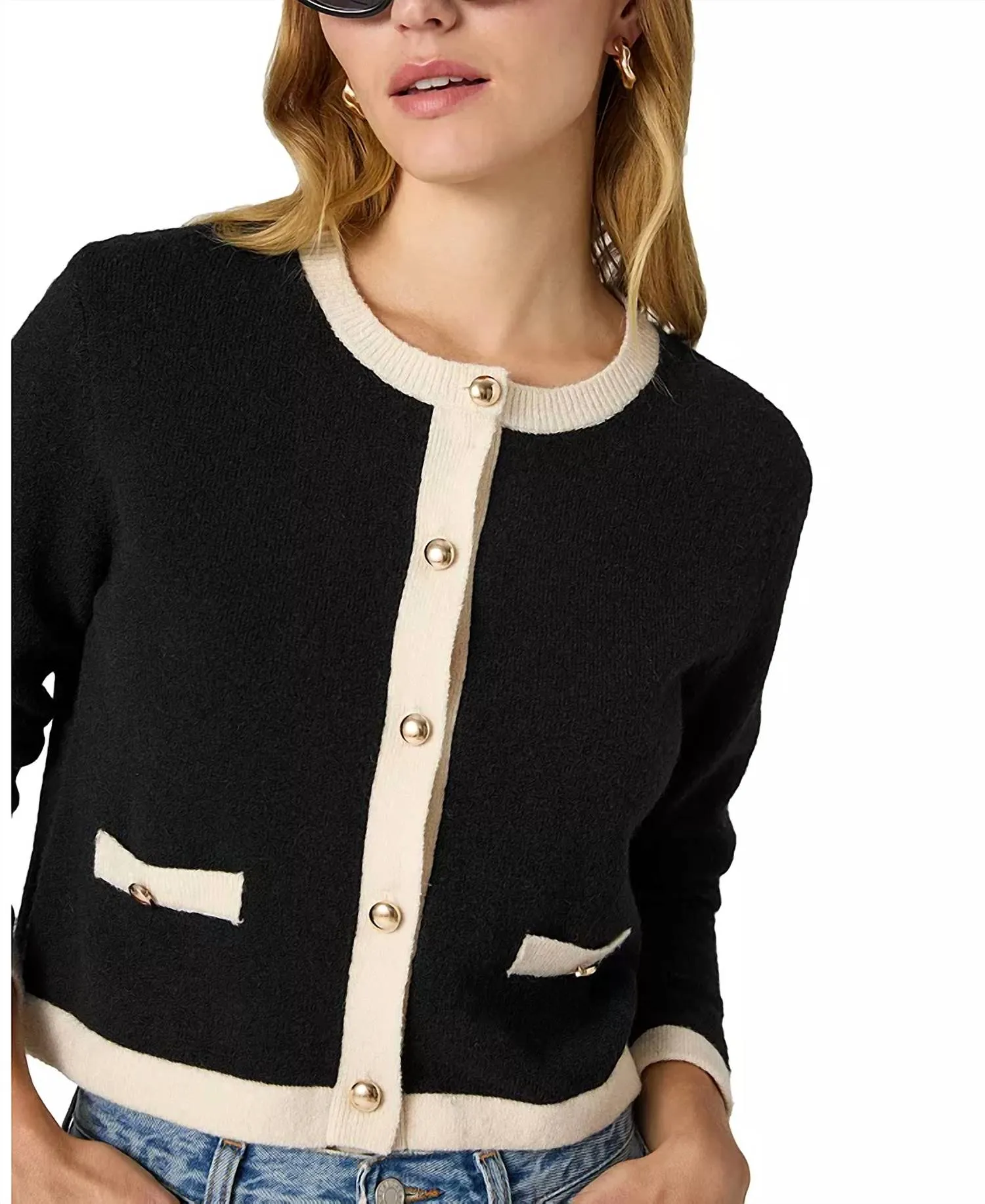 Vhari Contrast Trim Cardigan In Black/classic Cream