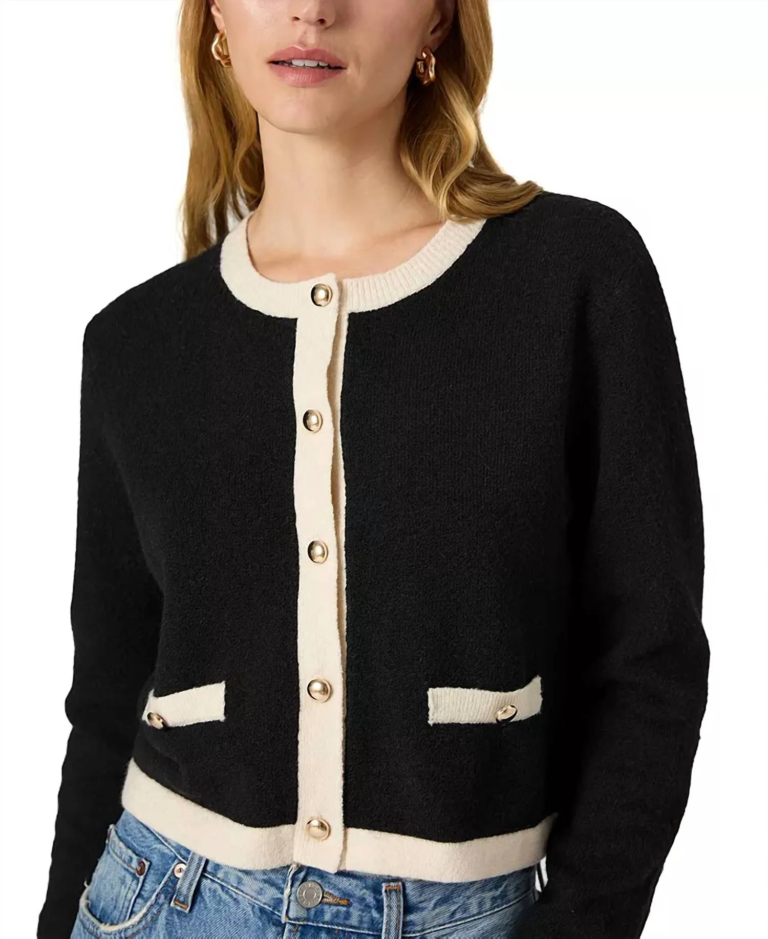 Vhari Contrast Trim Cardigan In Black/classic Cream