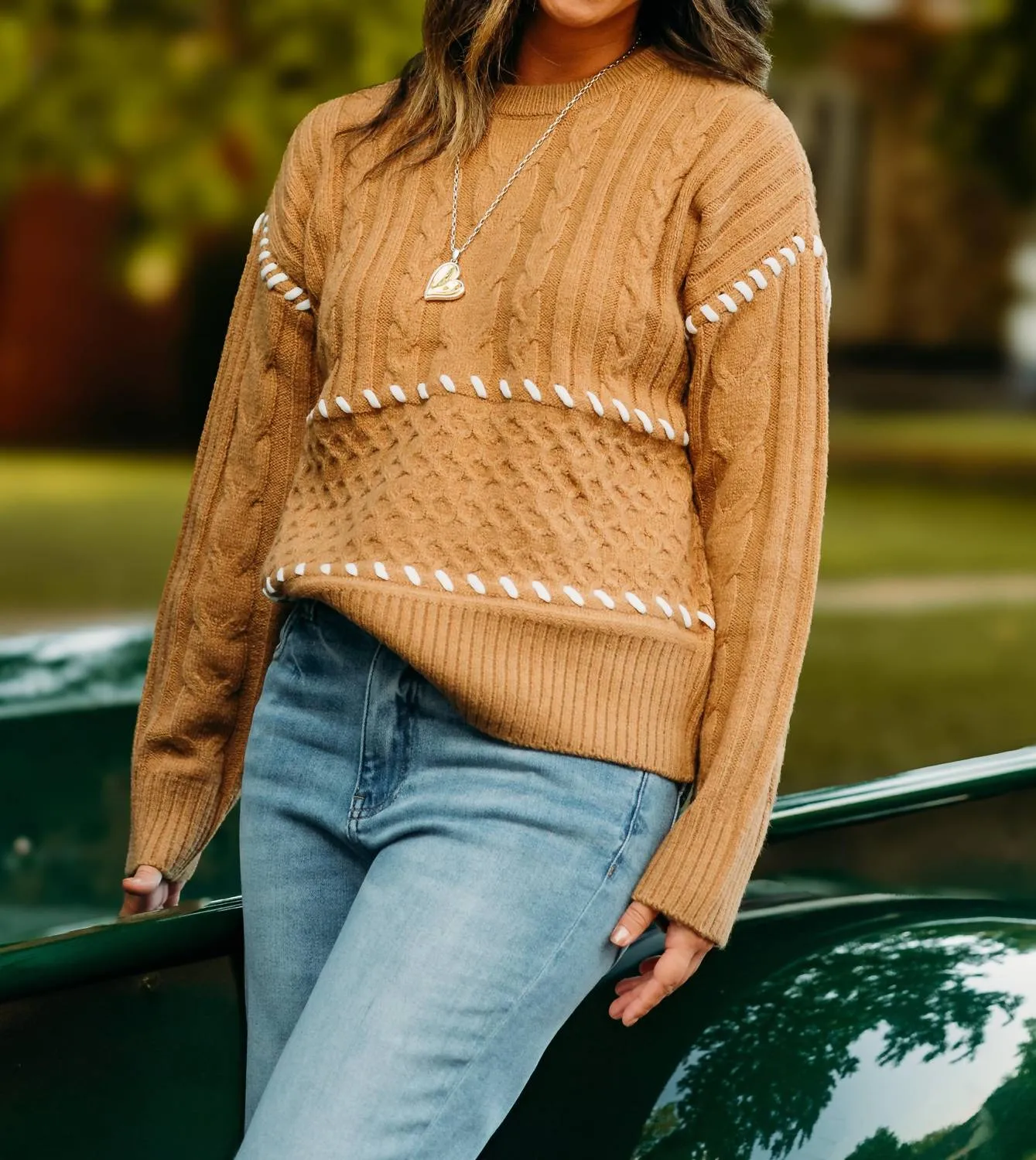 Whipstitch Long Sleeve Sweater In Antique Oak