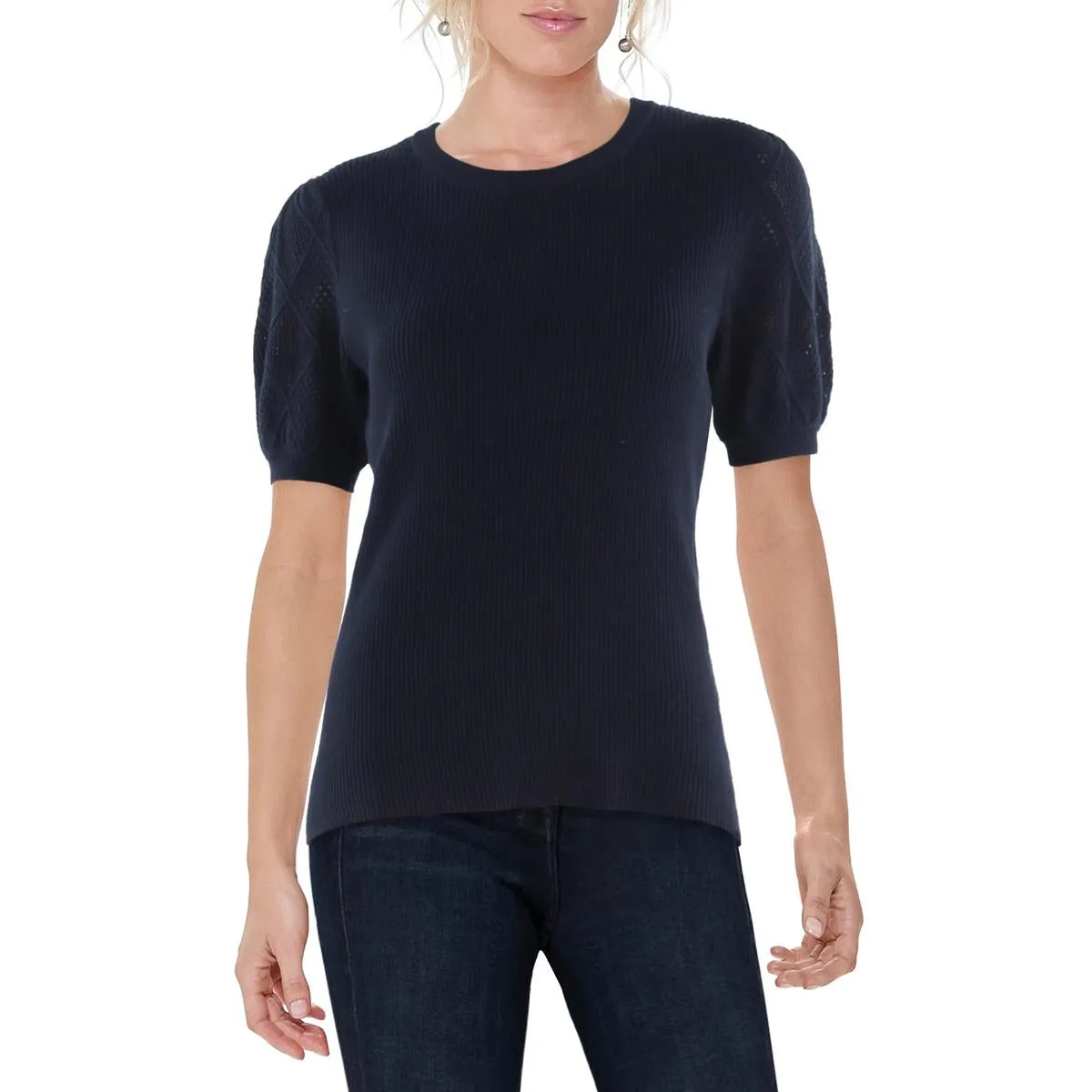 Womens Crochet Ribbed Knit Crewneck Sweater