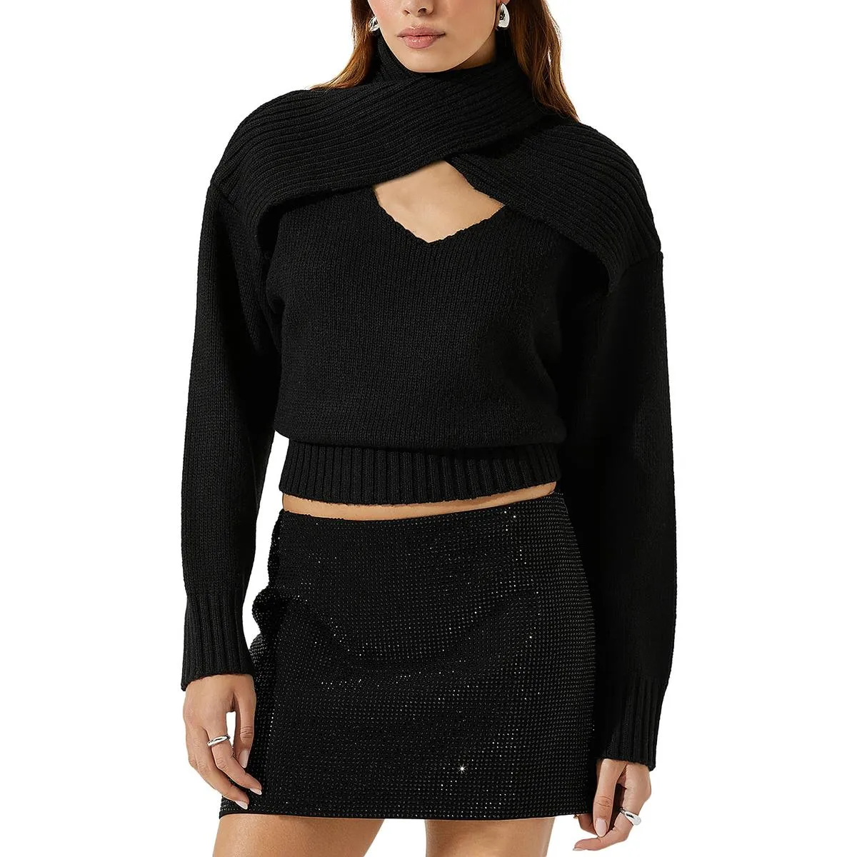 Womens Cut-Out Ribbed Crop Sweater