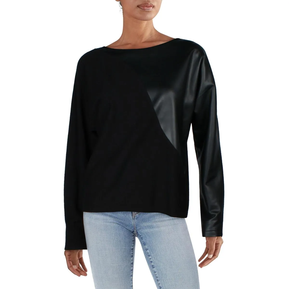 Womens Faux Leather Trim Viscose Pullover Sweater