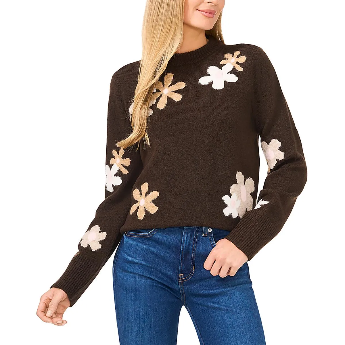 Womens Floral Print Knit Pullover Sweater