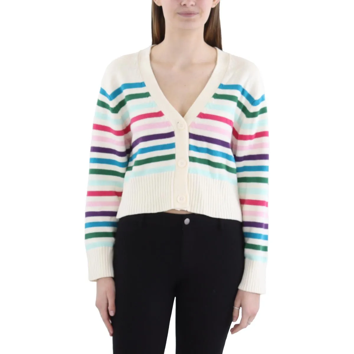 Womens Striped Ribbed Cardigan Sweater
