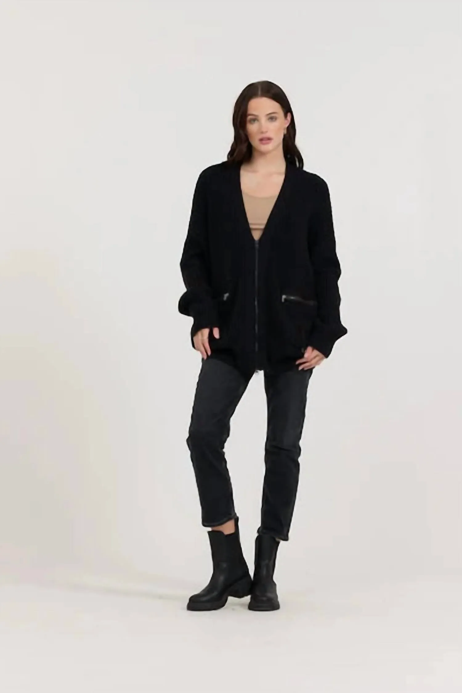 Zip Front Utility Cardigan In Black
