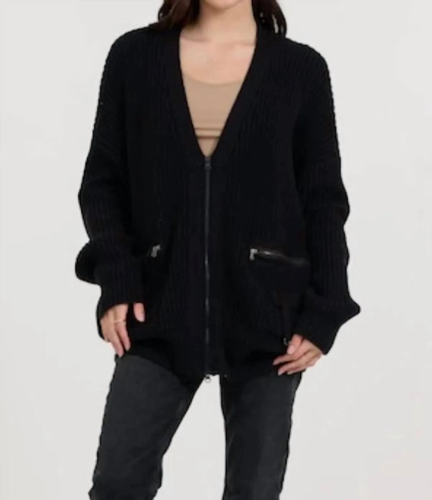 Zip Front Utility Cardigan In Black