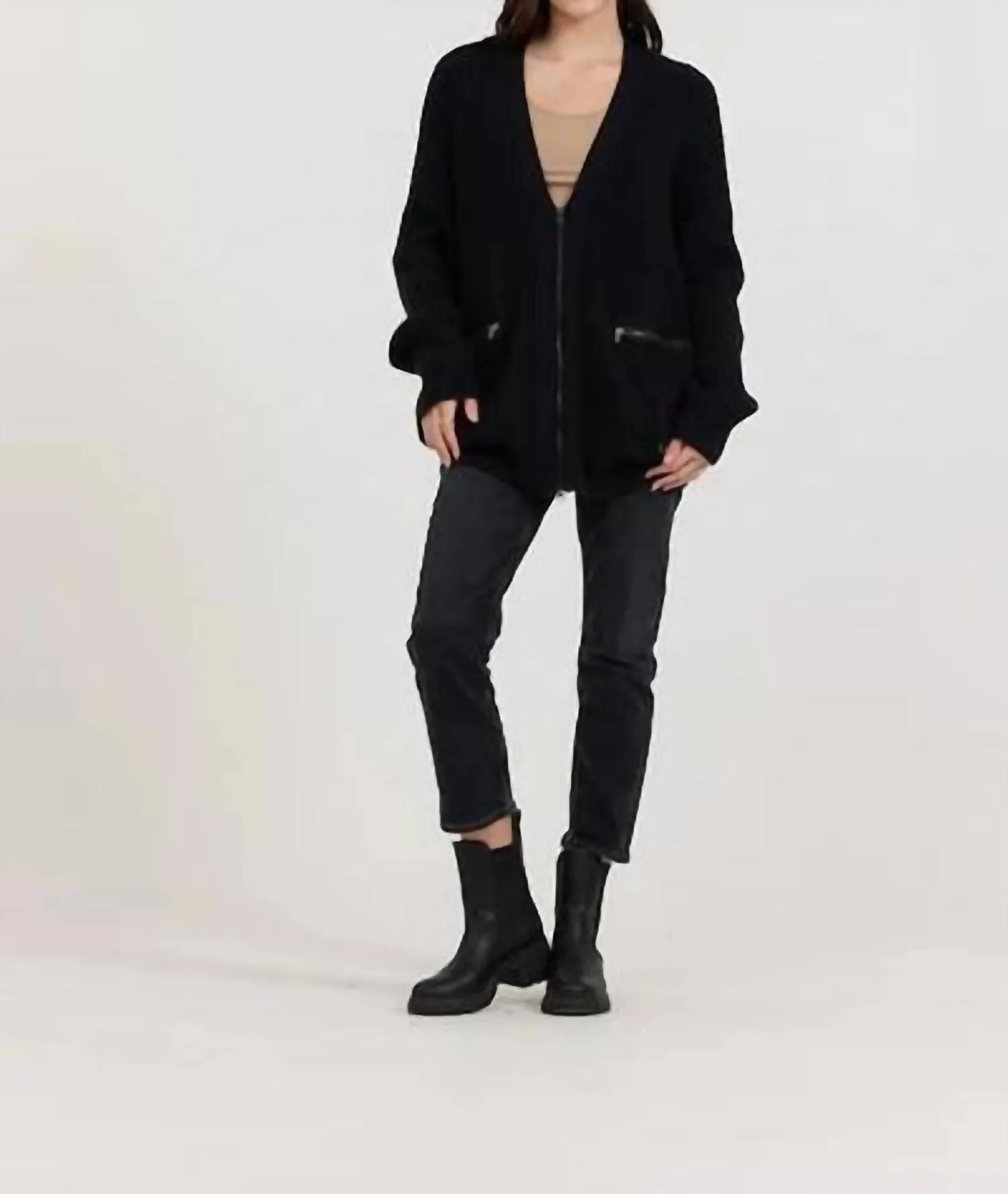 Zip Front Utility Cardigan In Black