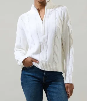 Zip Neck Cable Knit Sweater In White
